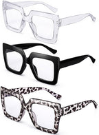 JATEBI Oversized Blue Light Glasses for Women 3 Pack - Fashion Thick Square Computer TV Eyewear Eyeglasses Non-Prescription