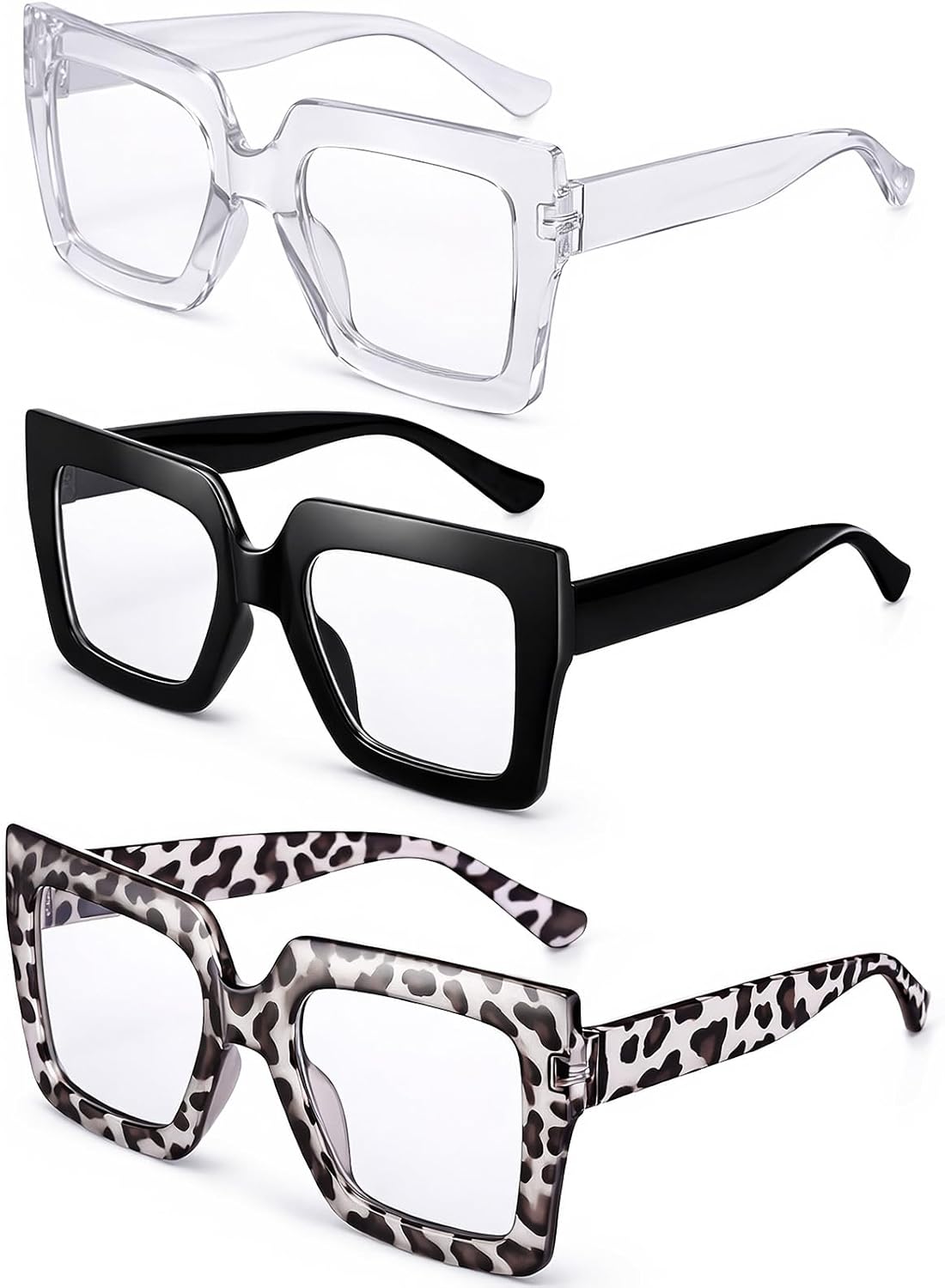JATEBI Oversized Blue Light Glasses for Women 3 Pack - Fashion Thick Square Computer TV Eyewear Eyeglasses Non-Prescription