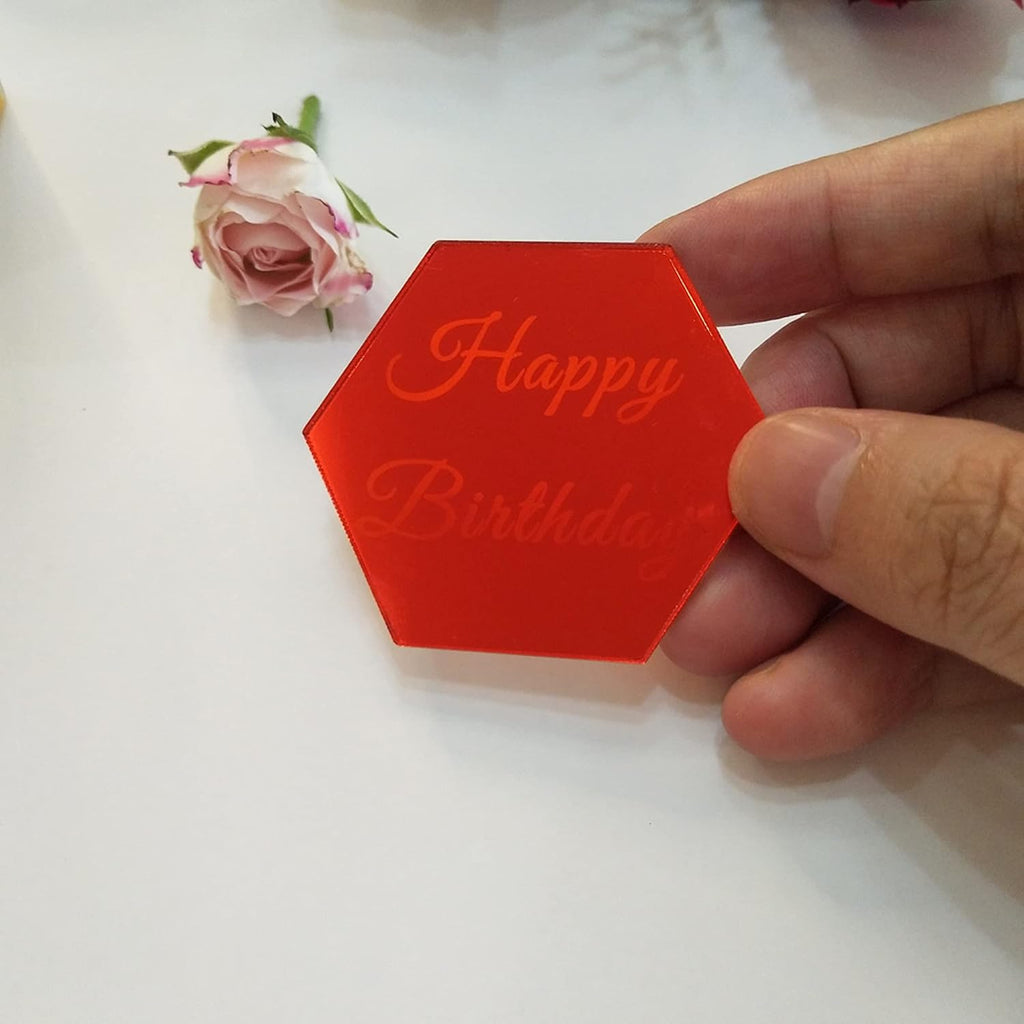 Set of 12pcs Hexagon Cake Topper Disc, Happy Birthday Mirror Acrylic Cake Discs, Topper Decor for Cupcake,Mini Acrylic Cake Toppers (Red Mirror)
