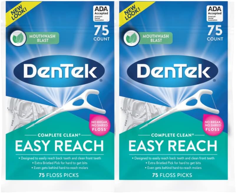 DenTek Complete Clean Easy Reach Floss Picks, Advanced Fluoride Coating, Mouthwash Blast Flavor, 75 ct. (Pack of 2)