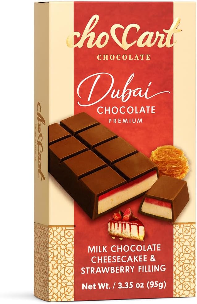 ChocCart Dubai Chocolate – Premium Milk Chocolate Bar with Cheesecake & Strawberry Cream Filling, Gourmet Middle Eastern Dessert Chocolate in Luxury Gift Box, Made in Dubai, 95g (3.35 oz)