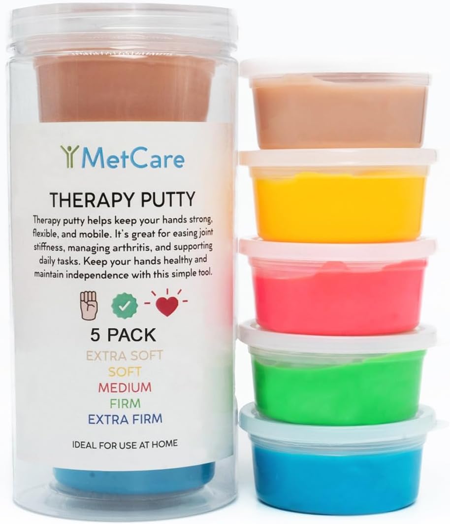 Therapy Putty 5 Strengths – Extra Soft, Soft, Medium, Firm, Extra Firm for Hand Rehabilitation & Strengthening – Non-Toxic, Colour-Coded Tubs, 57g