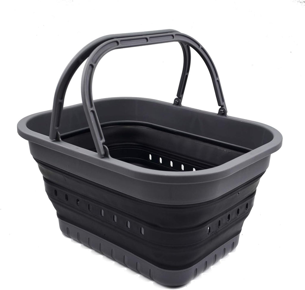 SAMMART 19L (5 Gallon) Collapsible Tub with Handle - Portable Outdoor Picnic Basket/Crater - Foldable Shopping Bag - Space Saving Storage Container (Grey/Black)