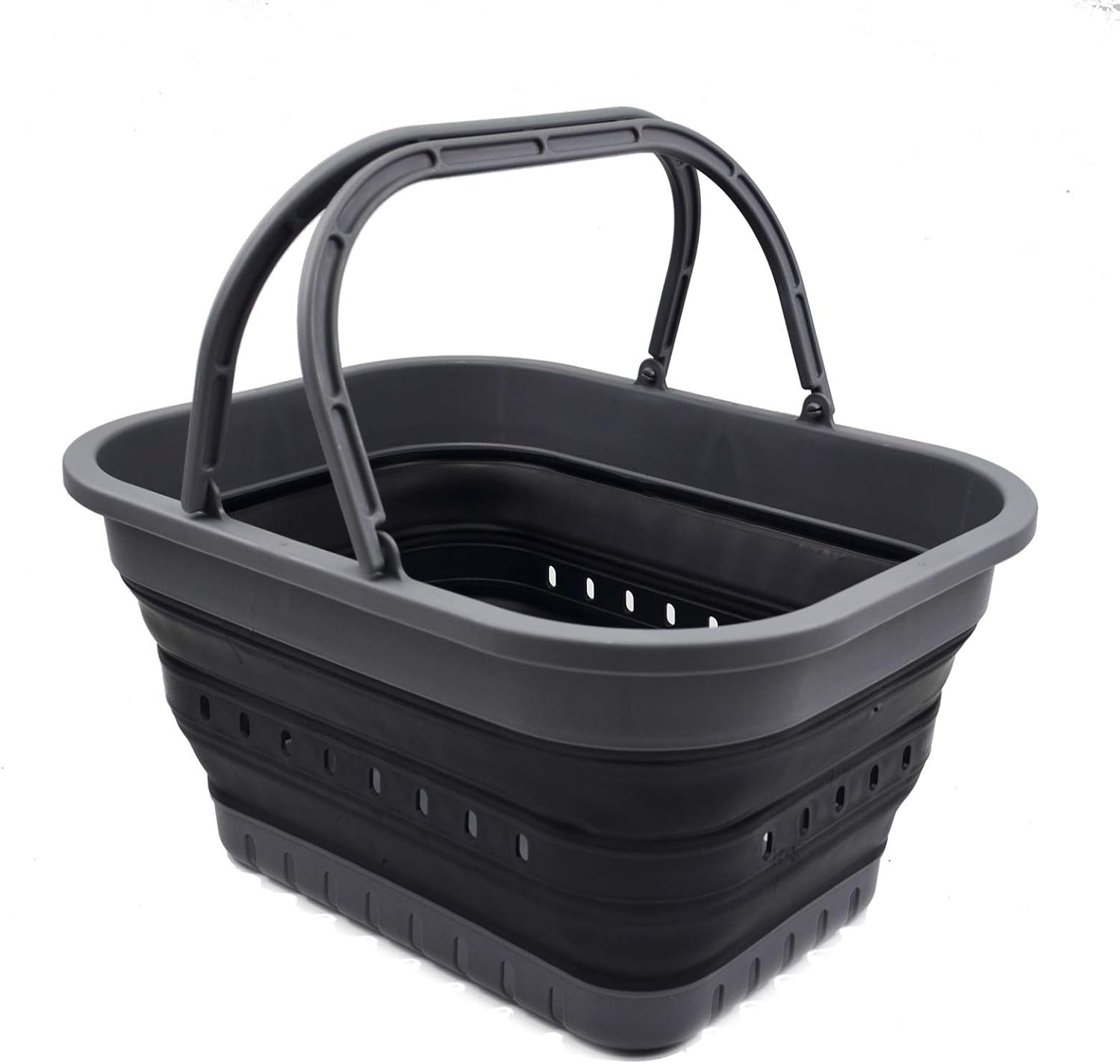 SAMMART 19L (5 Gallon) Collapsible Tub with Handle - Portable Outdoor Picnic Basket/Crater - Foldable Shopping Bag - Space Saving Storage Container (Grey/Black)