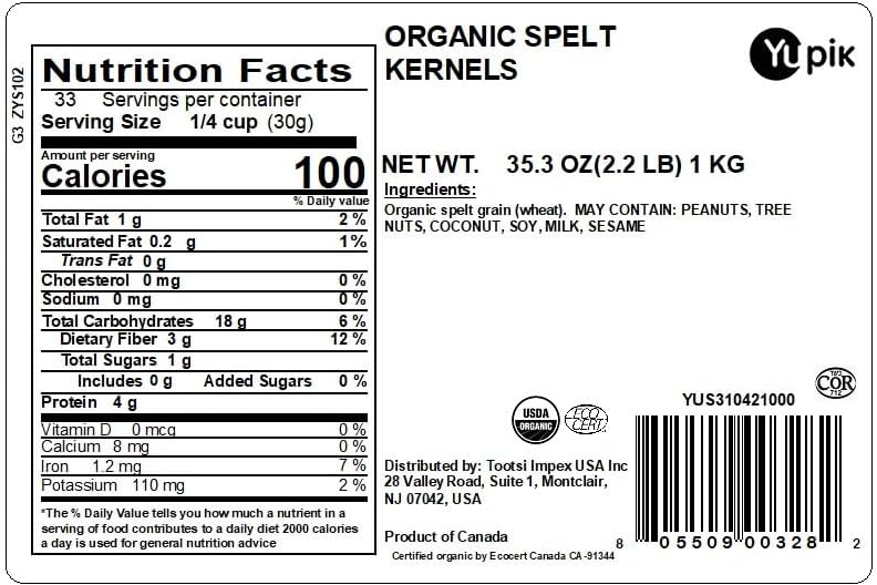 Yupik Organic Spelt Kernels, 2.2 lb (35.2 oz), Non-GMO, Kosher, Vegan, Raw Hulled Grains, Unsalted, Source of Fiber, Ideal for Baking & Cooking