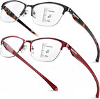SKYOAK 2 Pack Stylish Progressive Reading Glasses for Women, Metal Half Frame Fashion Anti UV400/Eye Strain Computer Readers, Cat Eye Modern Design Ladies No-Line Multifocal Eyeglasses, +2.5