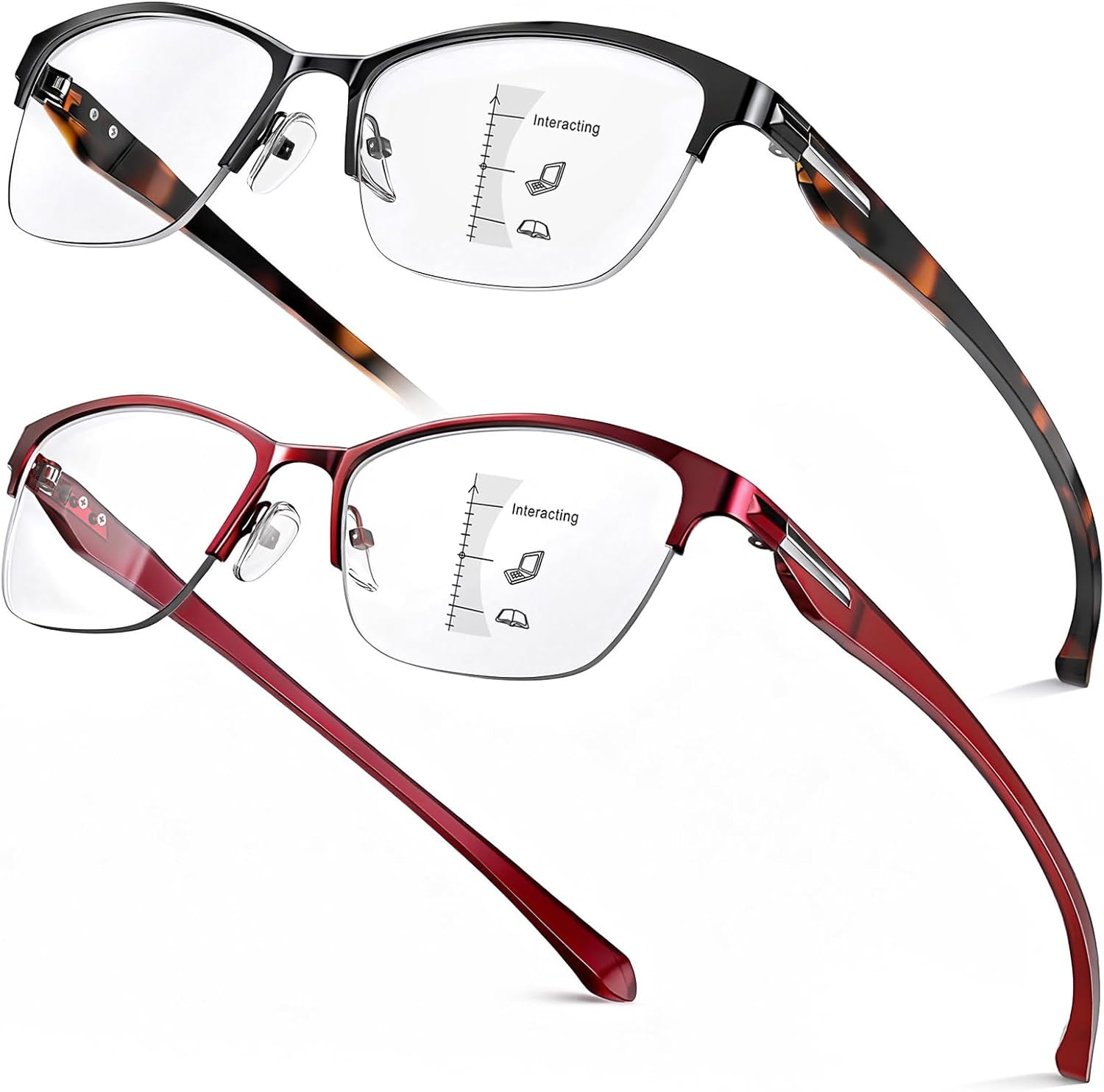 SKYOAK 2 Pack Stylish Progressive Reading Glasses for Women, Metal Half Frame Fashion Anti UV400/Eye Strain Computer Readers, Cat Eye Modern Design Ladies No-Line Multifocal Eyeglasses, +2.5