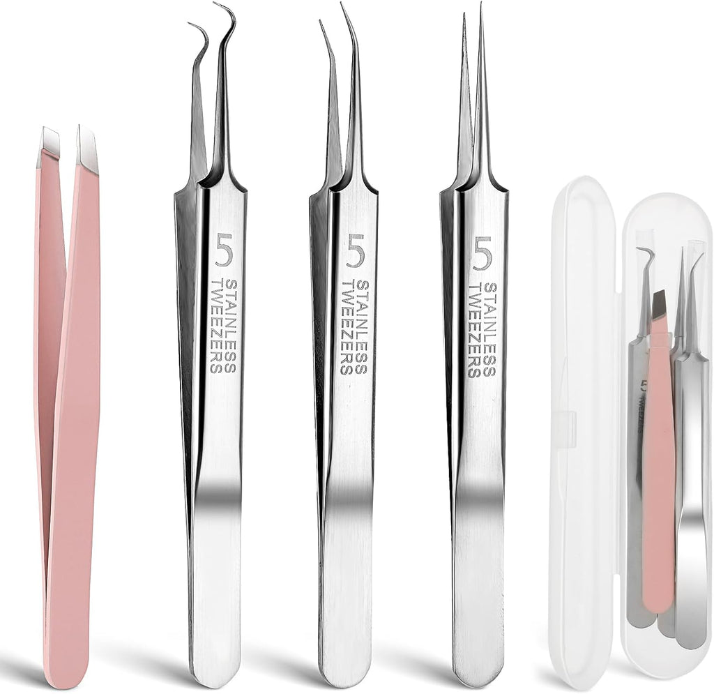 4 PCS Blackhead Remover Tool Include Blackhead Tweezers and Ingrown Hair Tweezers, Precision Blackhead Pimple Extractor for Pimple Whitehead Ance, Curved Tip Lash Tweezers for Eyelash Extension