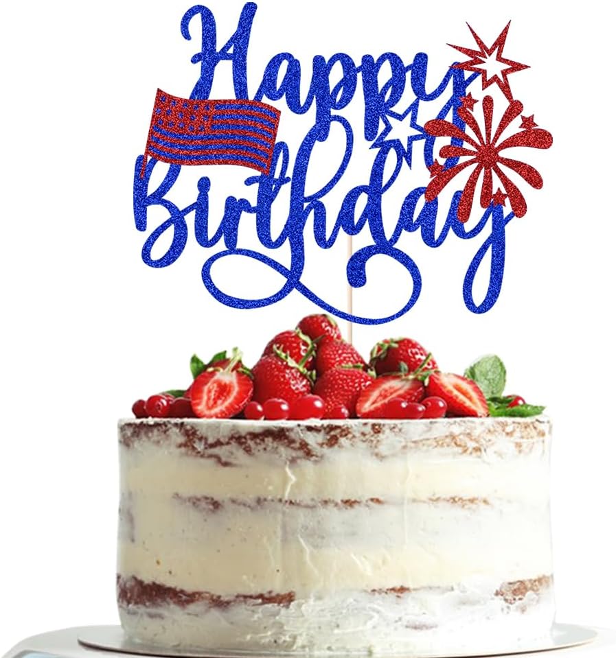American Happy Birthday Cake Topper,Blue Glitter Independence Day Cake Toppers 4th of July Flag Day Photo Props for Patriotic Party/Boys Girls Independence Day Happy Birthday Party