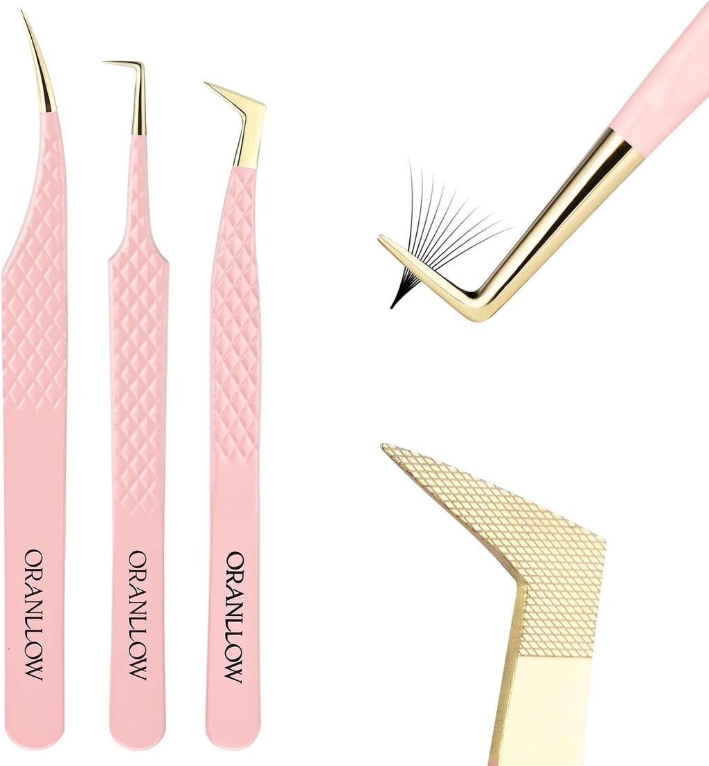 Lash Tweezers Set for Eyelash Extensions - 3 Precision Fiber Tip Diamond Grip, Volume,L-shape Boot, 90 Degree Lash Tweezers for Volume Classic Lashes Premade Fans (3)