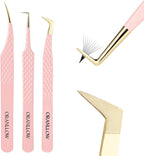 Lash Tweezers Set for Eyelash Extensions - 3 Precision Fiber Tip Diamond Grip, Volume,L-shape Boot, 90 Degree Lash Tweezers for Volume Classic Lashes Premade Fans (3)