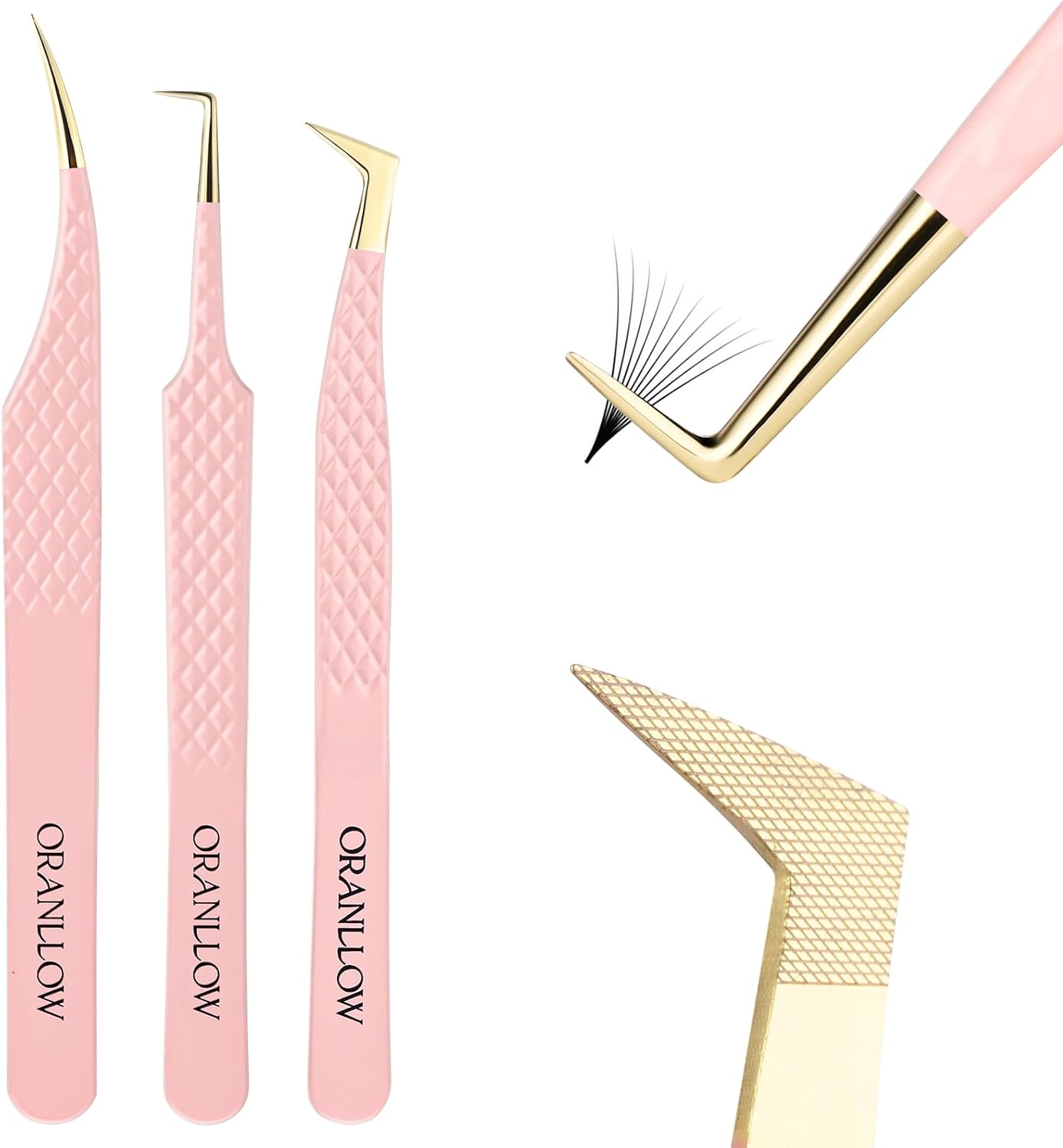 Lash Tweezers Set for Eyelash Extensions - 3 Precision Fiber Tip Diamond Grip, Volume,L-shape Boot, 90 Degree Lash Tweezers for Volume Classic Lashes Premade Fans (3)