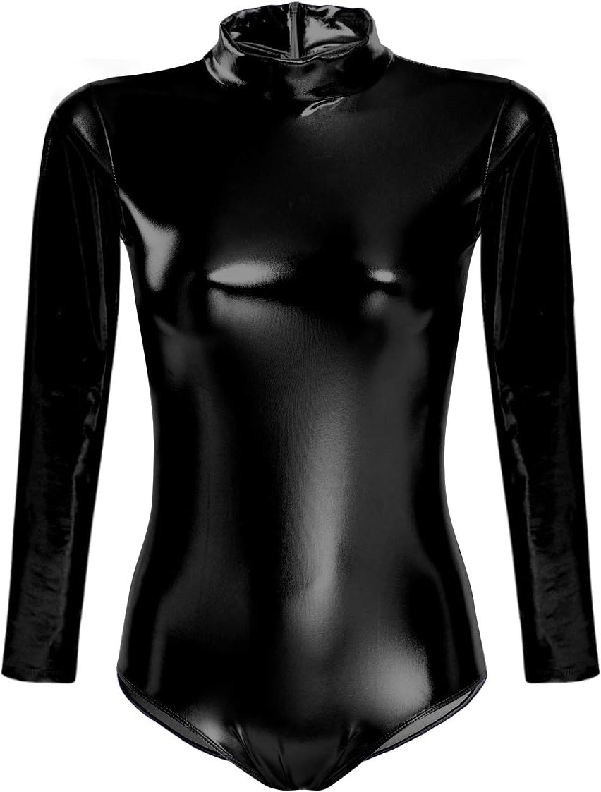 ODIZLI Women Shiny Metallic Long Sleeve Leotard Mock Turtleneck One Piece Bodysuit for Gymnastics Ballet Dance
