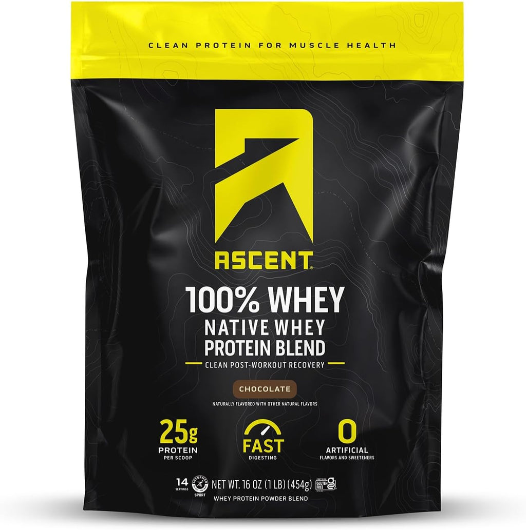 Ascent 100% Whey Protein Powder - Post Workout Whey Protein Isolate, Zero Artificial Flavors & Sweeteners, Gluten Free, 5.5g BCAA, 2.6g Leucine, Essential Amino Acids, Chocolate 1 lb