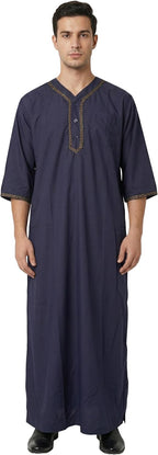 Mens Kaftan Thobe V-Neck Half Sleeve Muslim Robe Dubai Long Gown Saudi Arab Thobe Robes for Summer Beach
