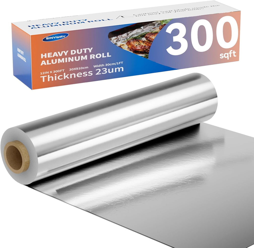 23um Heavy Duty Aluminum Foil Roll 12 In x 300 SqFt, Non-Stick Tin Foil Wrap with Cutter Box, Non-Stick Foil Aluminum Roll for Cooking, Baking, Grill Grate Coverage & Food Storage