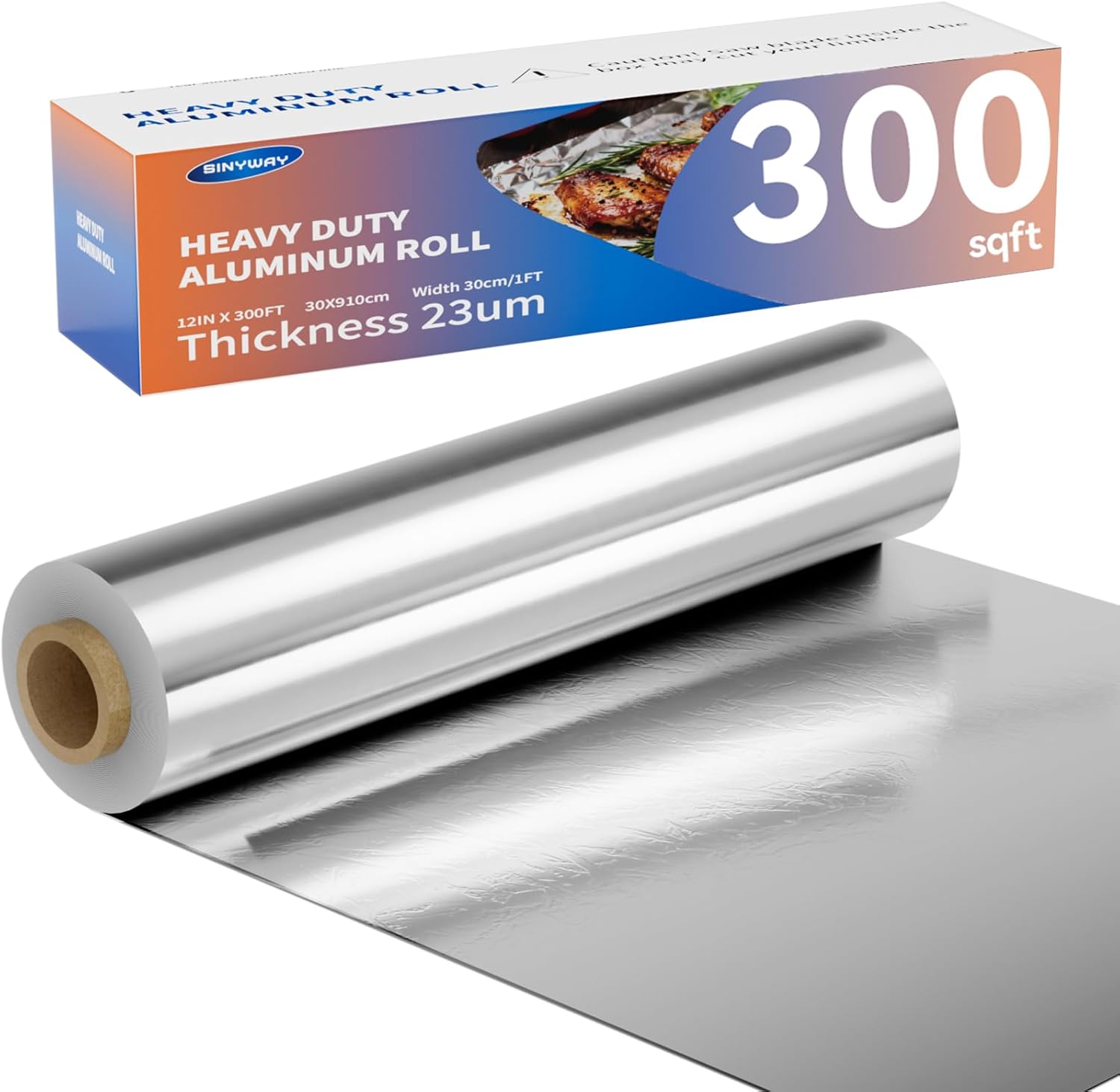 23um Heavy Duty Aluminum Foil Roll 12 In x 300 SqFt, Non-Stick Tin Foil Wrap with Cutter Box, Non-Stick Foil Aluminum Roll for Cooking, Baking, Grill Grate Coverage & Food Storage