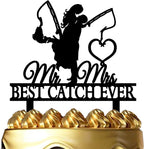 Funny Fishing Wedding Cake Topper - Best Catch Ever - Groom Hugging Bride, Mr&Mrs (Fishing Couple)