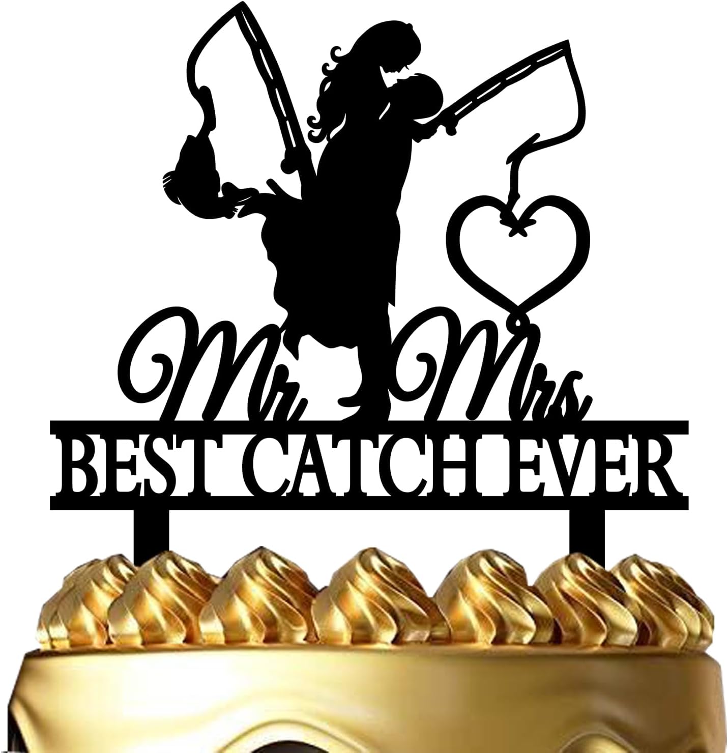 Funny Fishing Wedding Cake Topper - Best Catch Ever - Groom Hugging Bride, Mr&Mrs (Fishing Couple)
