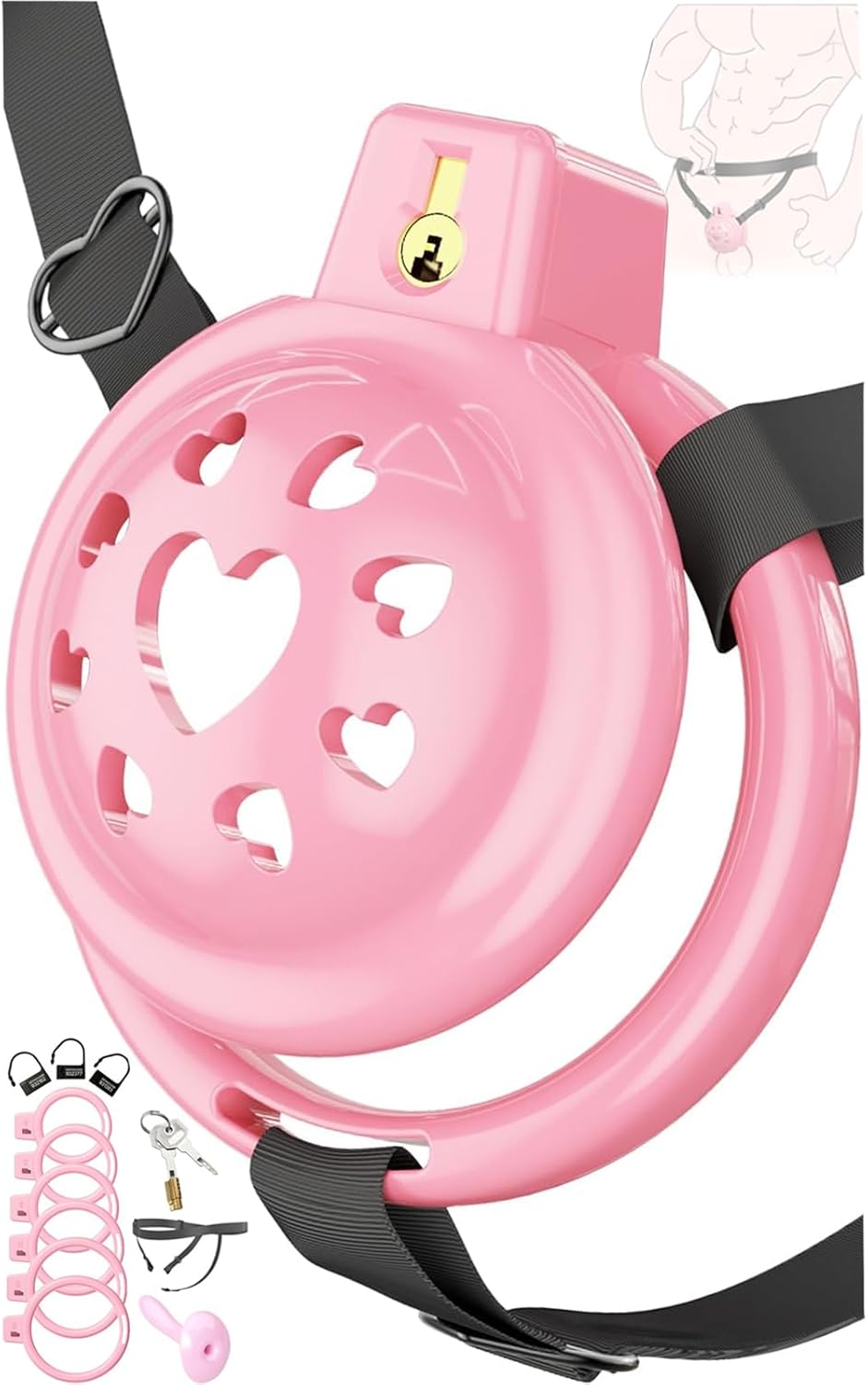 Lovely Pink Male Chastity Cage, Lightweight Chastity Devices with Soft Silicone Head 6 Cock Rings, Penis Bondage Gear Cock Cage Adult Toys with Invisible Lock, Male Chastity Belt BDSM Sex Toys for Men