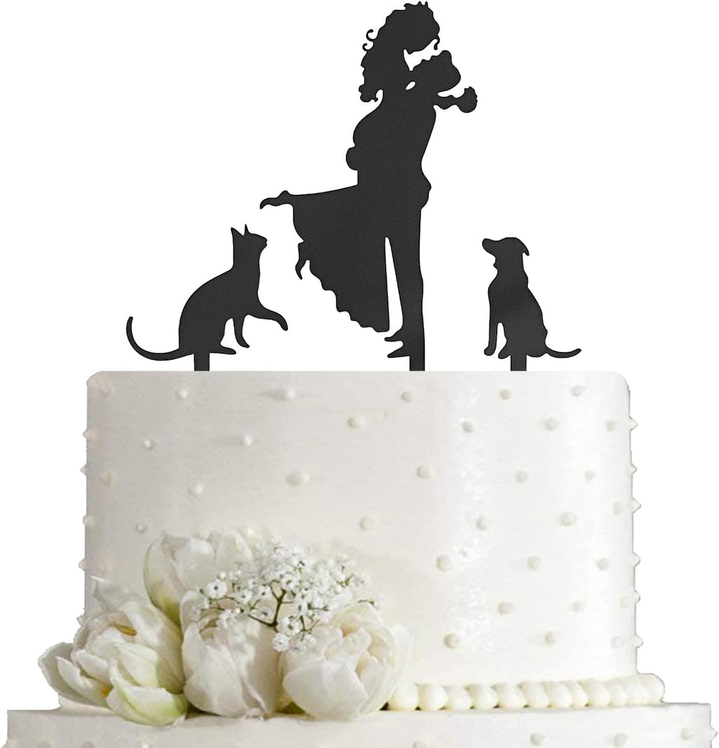 JIEEIN Wedding Cake Topper - Bride Hold Groom with Flowers Besides Pet Cat and Pet Dog Silhouette Cake Decoration
