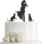 JIEEIN Wedding Cake Topper - Bride Hold Groom with Flowers Besides Pet Cat and Pet Dog Silhouette Cake Decoration