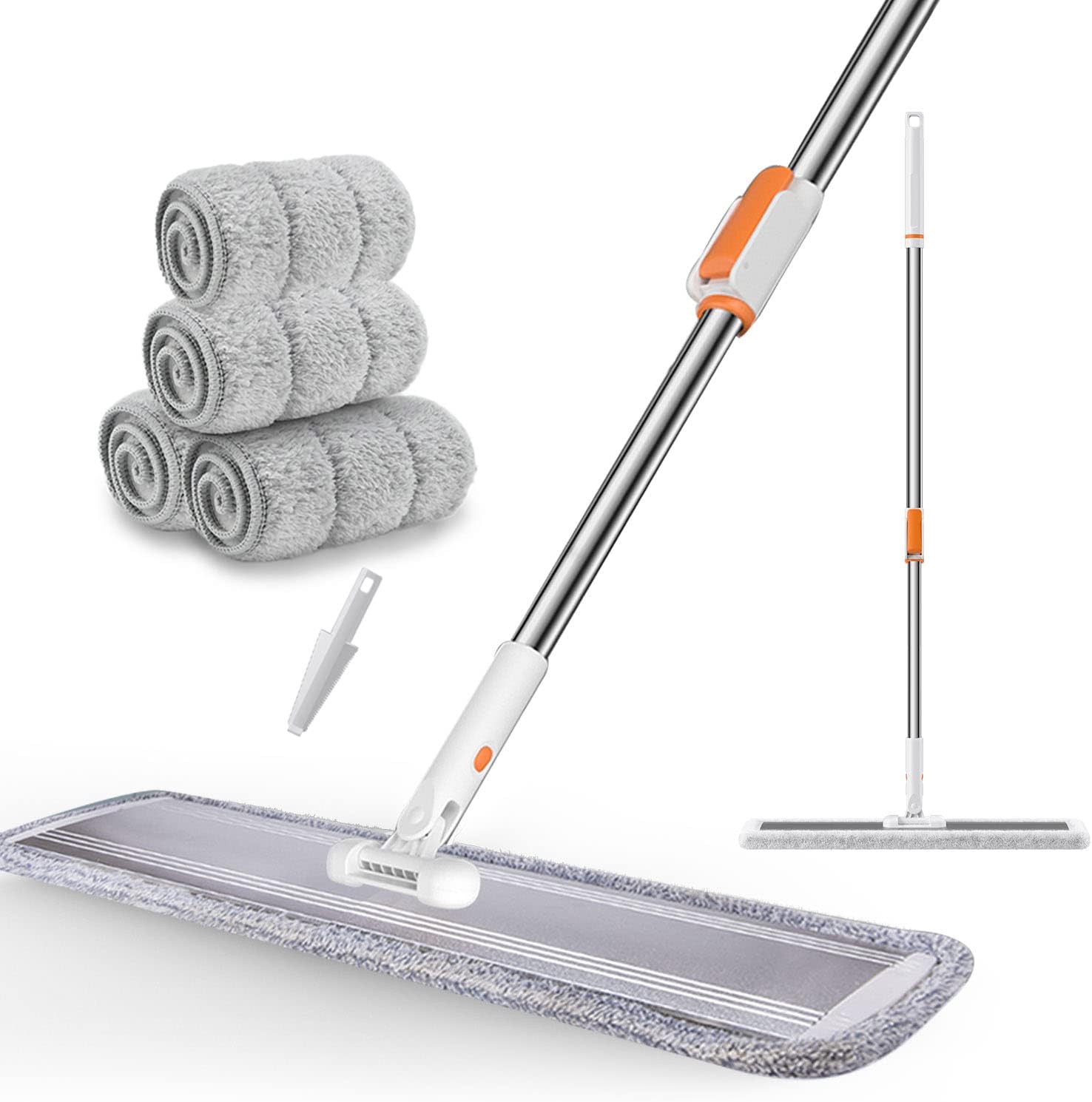 Flat Mop for Cleaning Floors Heavy Duty Microfiber Wet Mop Deep Cleaning for Hardwood, Tile & Laminate, Includes 4 Reusable Washable Pads and Adjustable Long Handle (32 in Mop Set)