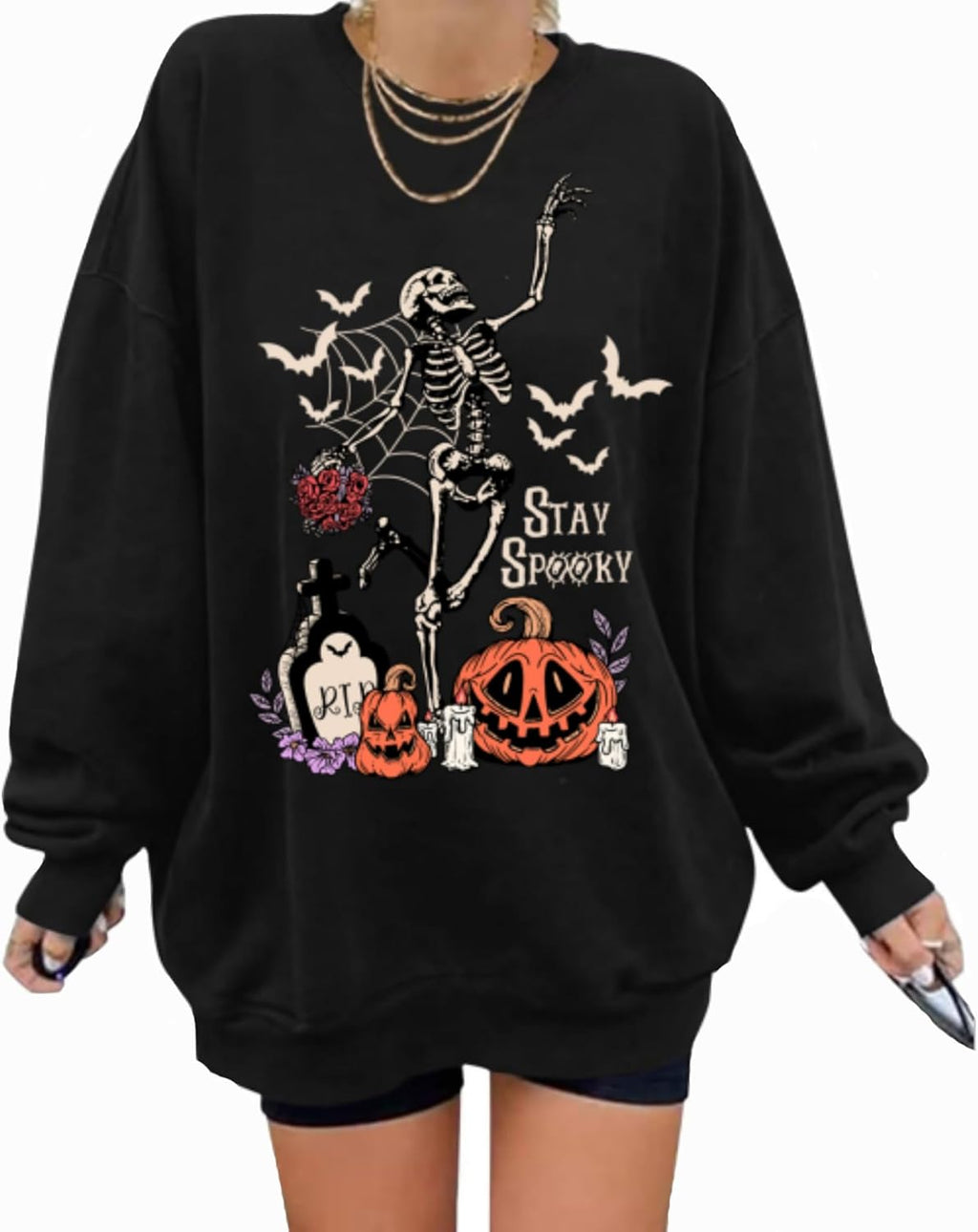 Halloween Sweatshirt for Women Oversized Dancing Skeleton Shirt Spooky Skull Graphic Pullover Pumpkin Gift Top