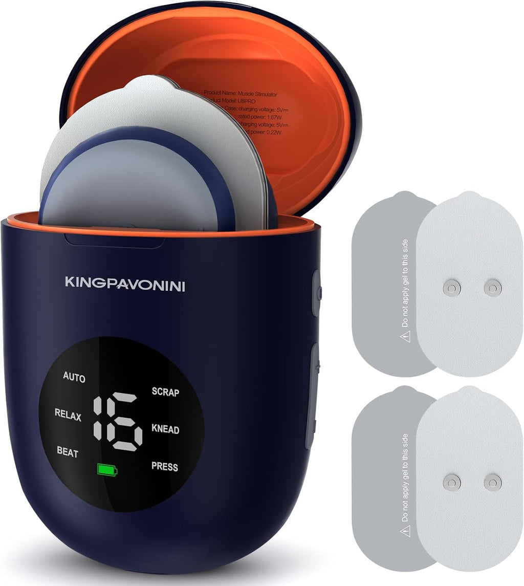 KingPavonini Wireless TENS Unit, Muscle Stimulator for Pain Relief, Portable Rechargeable TENS EMS Machine, LED Screen, Remote, Dual Channel 6 Modes 16 Intensity Massager, Charging Case (Blue)