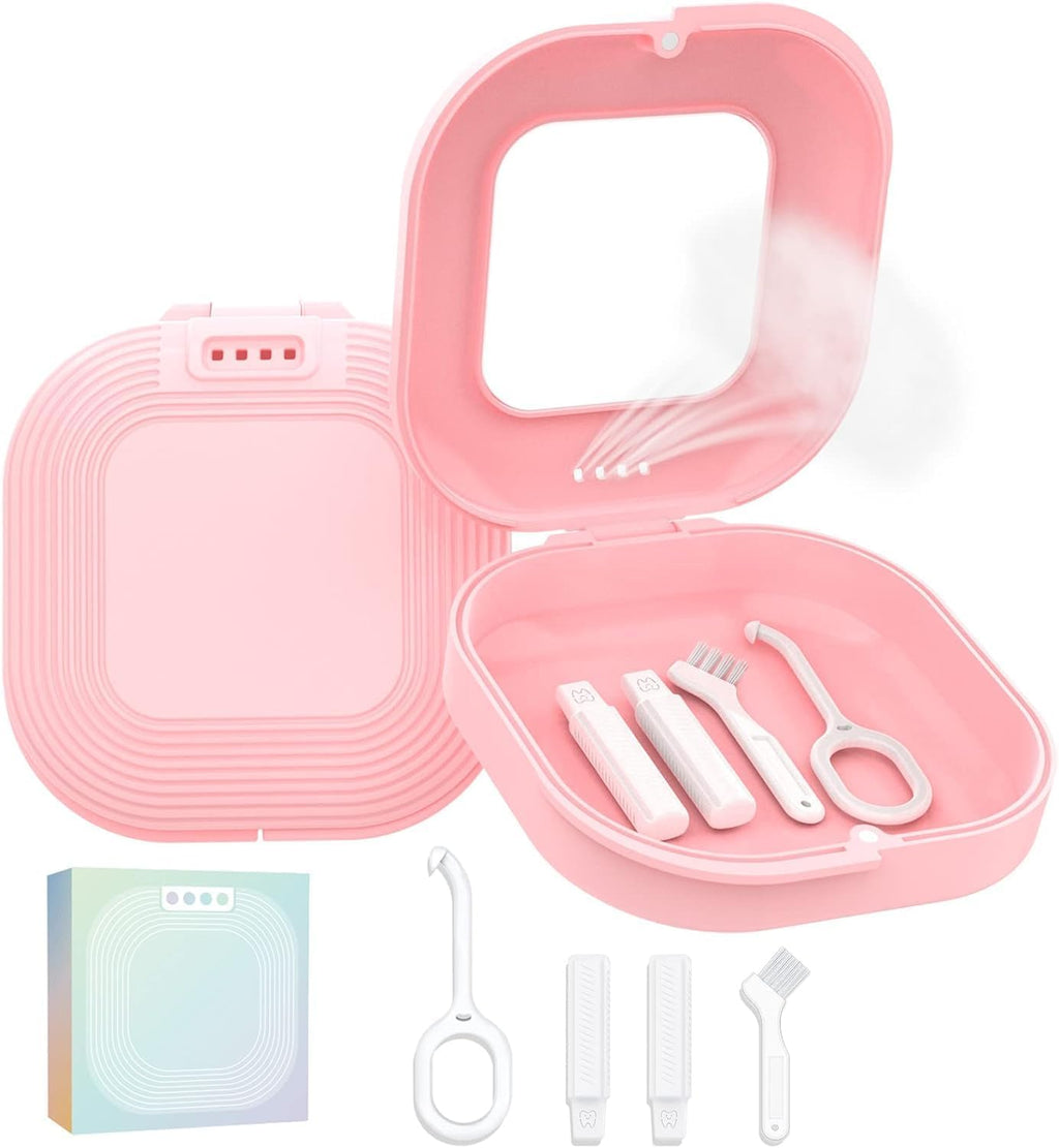 HEMILAB® Retainer Case with Mirror, Slim Aligner Case with Vent Holes, Compatible with Invisalign, Mouth Guard Box with Retainer Removal Tool, Pink