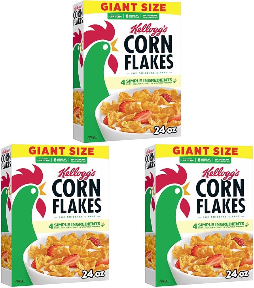 Kellogg's Corn Flakes Breakfast Cereal, Kids Cereal, Family Breakfast, Giant Size, Original, 24oz Box (1 Box) (Pack of 3)