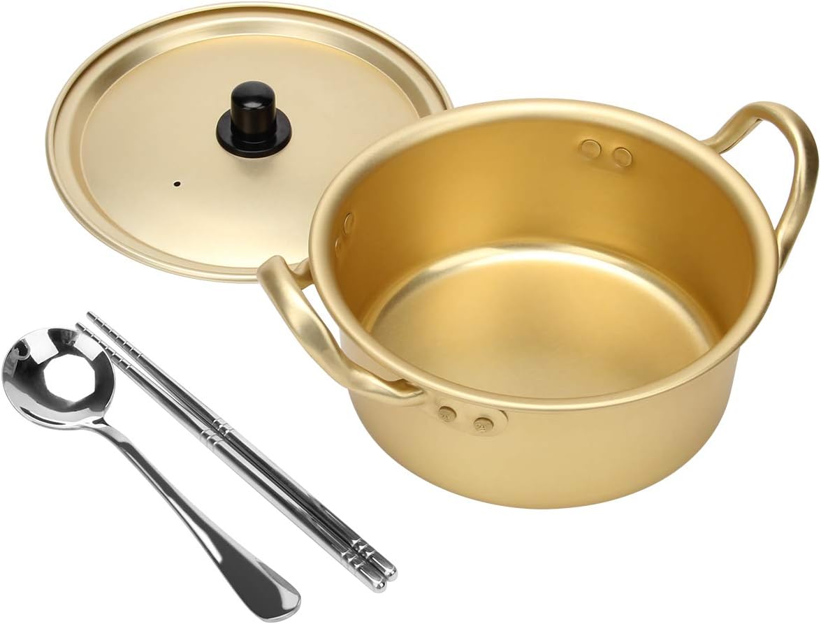Korean Ramen Cooking Pot, AHIER Korean Ramen Noodle Pot With Lid, Spoon and Chopsticks (1pair), Fast Heating for Kitchen Cookware (Double handle) (6.3in)