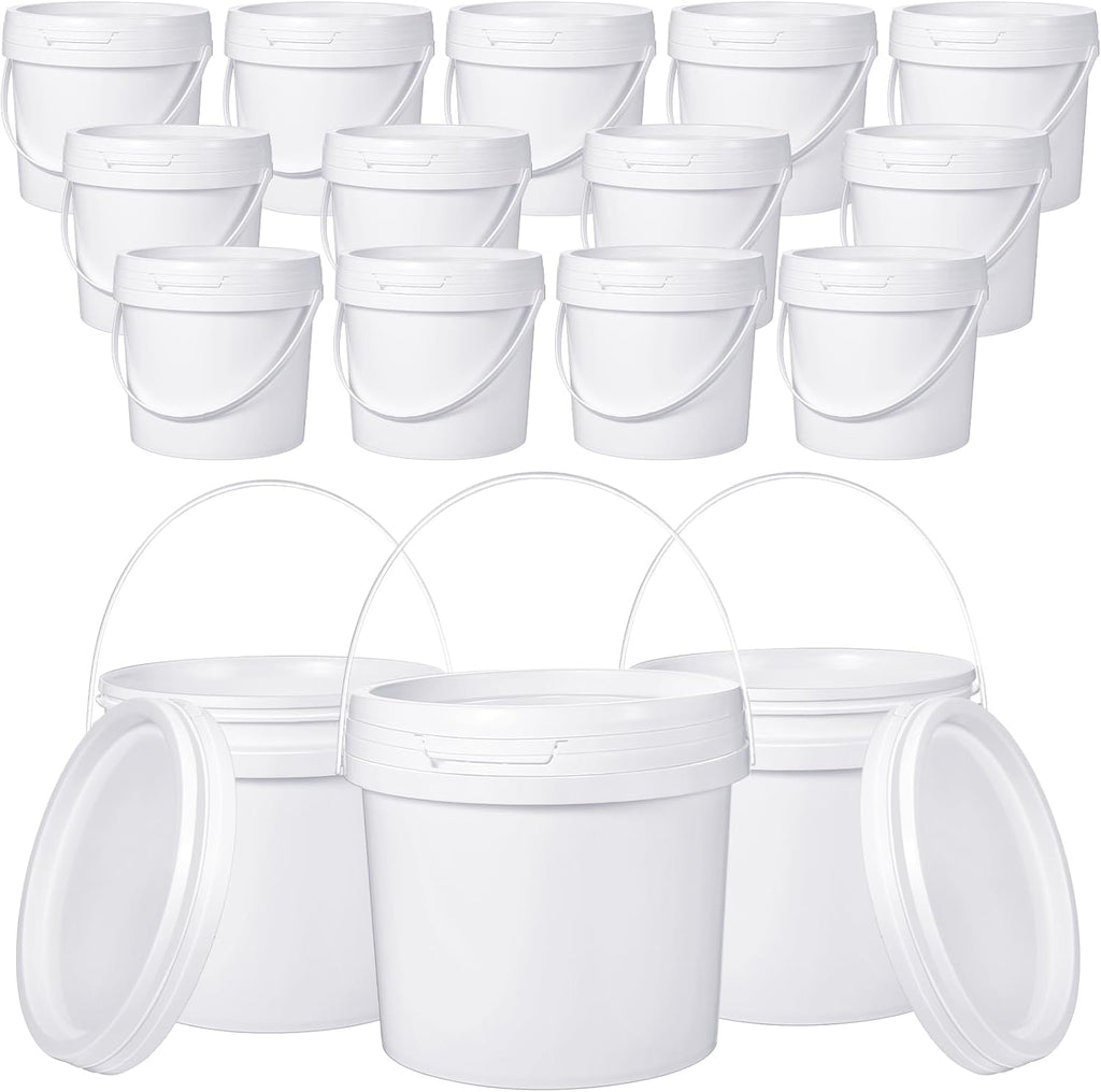 Leinuosen 16 Pcs 1 Gallon White Plastic Bucket with Handle and Lid Reliable Heavy Duty Barrel Pail Container Food Safe Bucket for Multipurpose Storage Paint Art Crafts Projects