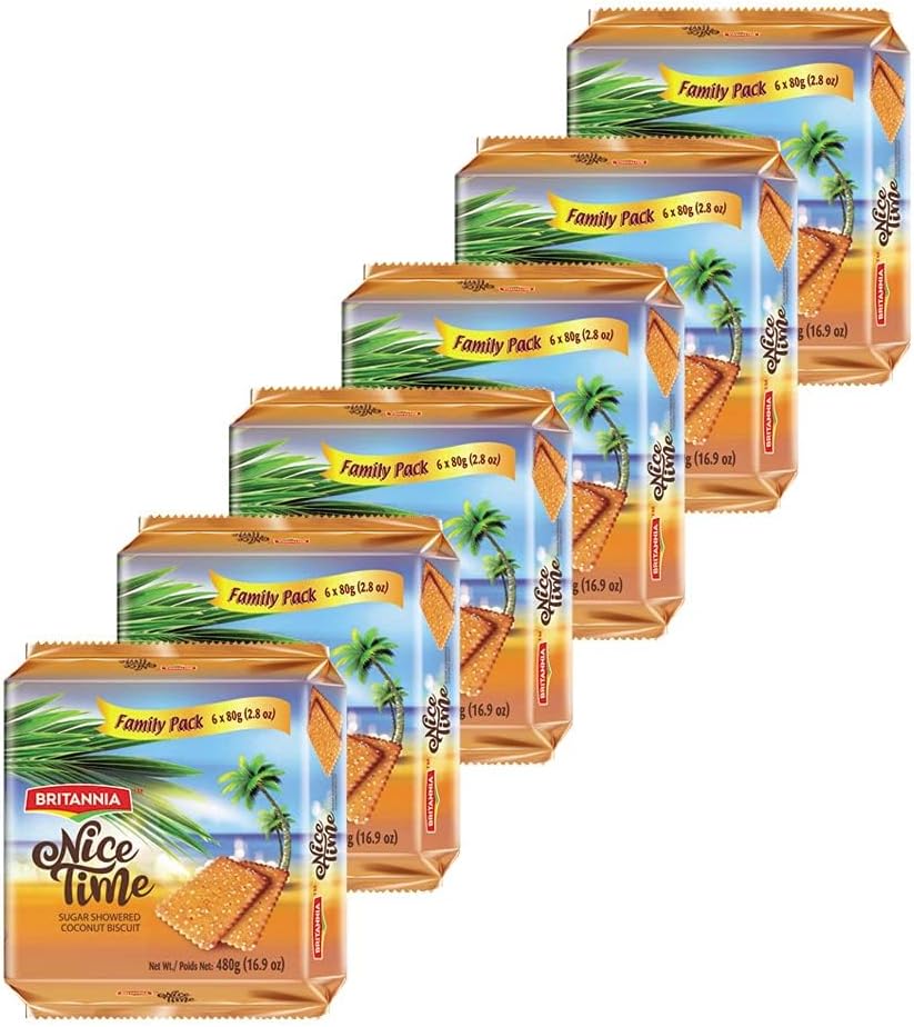 Britannia Nice Time 16.9oz (480g) - Delicious Coconut Biscuit Crunchy - Kids Favorite Breakfast & Tea Time Snacks (Pack of 6)