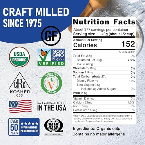 Great River Milling Organic Extra Thick Rolled Oats | Whole Grain, Non-GMO, Kosher Certified | Hearty Texture for Oatmeal, Granola, Cookies, Baked Goods & Breakfast Recipes | 25 Lb (Pack of 1)