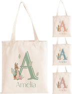 Custom Easter Canvas Tote Bags, Bunny Treat Easter Egg Hunt Bag with Personalized Name for Girls Boys