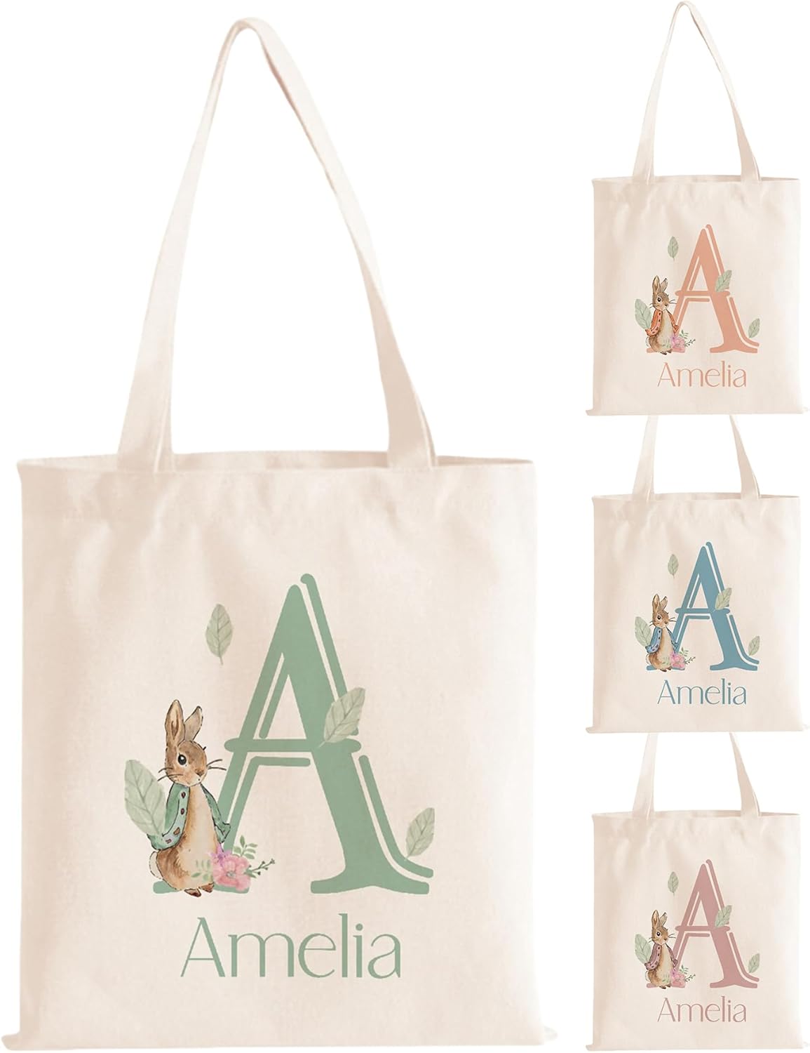 Custom Easter Canvas Tote Bags, Bunny Treat Easter Egg Hunt Bag with Personalized Name for Girls Boys