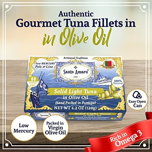 Santo Amaro - Artisanal Wild Tuna Fillets in Virgin Olive Oil, Hand-Packed Canned Tuna from Portugal, Atlantic Natural Tuna, Pole & Line Skipjack Tuna Canned, Low Mercury, 22g Protein Keto, Pack of 6