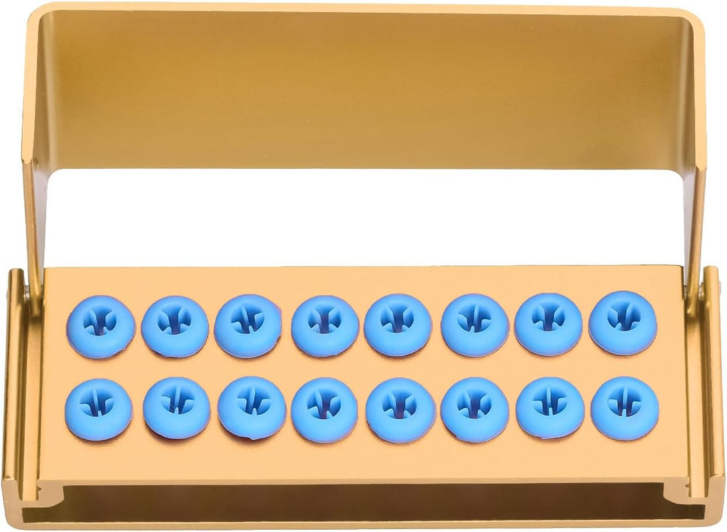 2Pcs 16 Holes Bur Block Holder with Silicon Cover Autoclavable Burs Block Case for Placing FG RA Burs (golden)