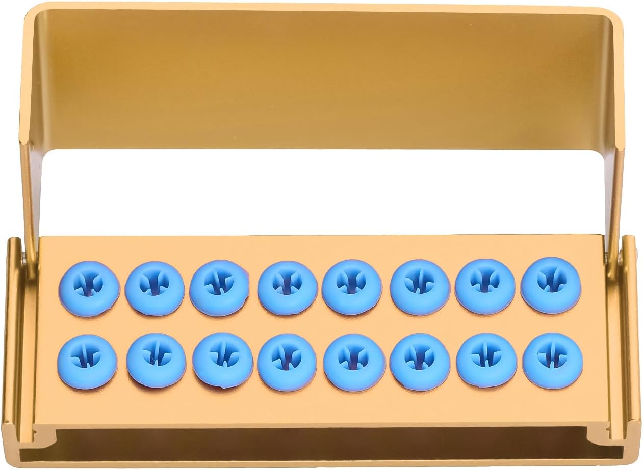 2Pcs 16 Holes Bur Block Holder with Silicon Cover Autoclavable Burs Block Case for Placing FG RA Burs (golden)