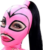 IMZAUYH Latex clothing Hood Mask Holiday Rubber Full Face Pink and Black Strips with Ponytail Wig cosplay handmade CF00