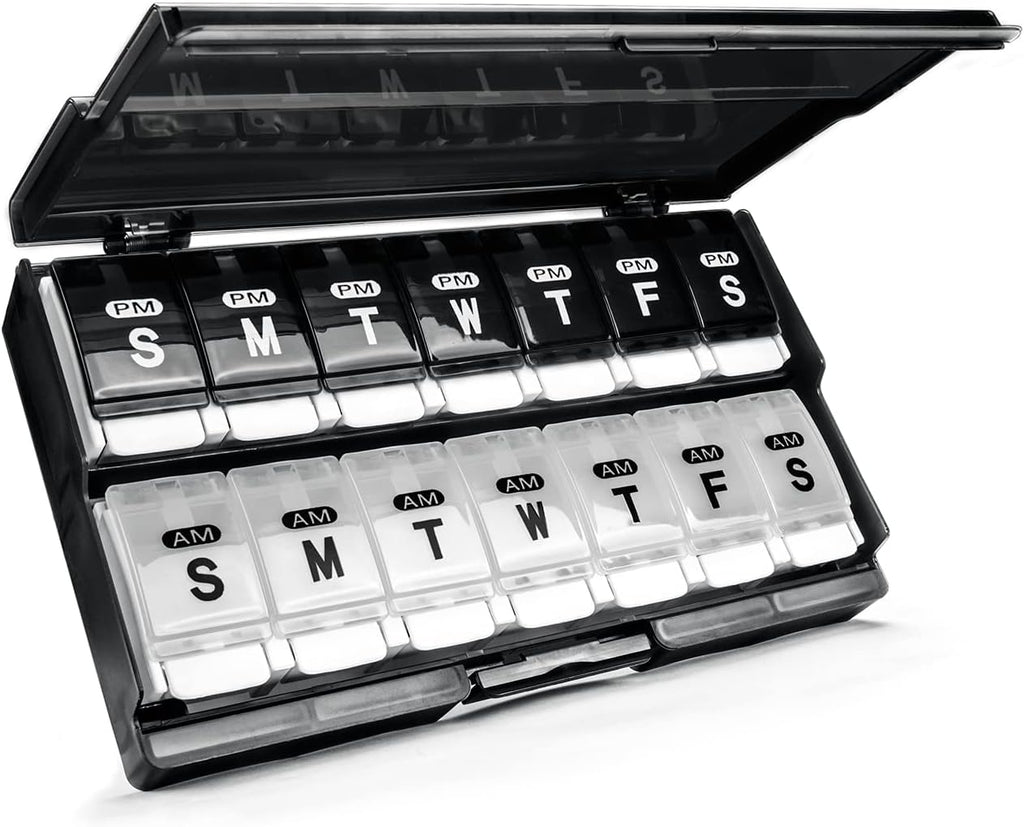 Extra Large Weekly Pill Organizer 2 Times a Day - Remtise Am/Pm Daily Pill Case Medicine Organizer, Push Button 7 Day Pill Box for Pills/Vitamin/Cod Liver Oil/Supplements (Black & White)