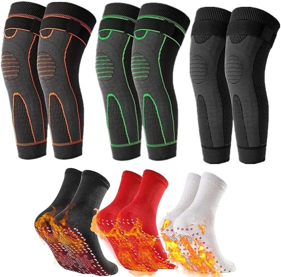 Reduce Fast Mugwort Acupressure Shaping Knee Pads,3D High Elastic Knee Brace Support Compression Sleeve for varicose Veins,Tourmaline Acupressure Self-Heating Shaping Socks (3pcs Mugwort+3pcs socks,XXL)