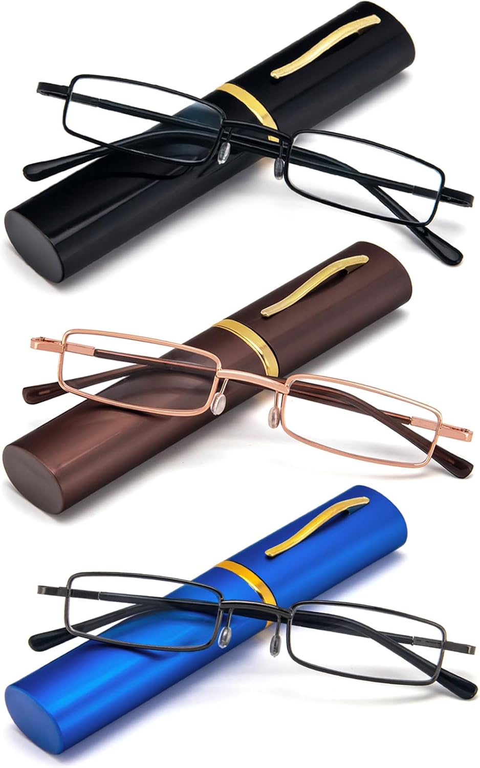 REAVEE 3 Pack Slim Pen Reading Glasses Small Tube Stylish Readers for Men Women Spring Hinged with Portable Clip Case, Black Brown Blue 2.5