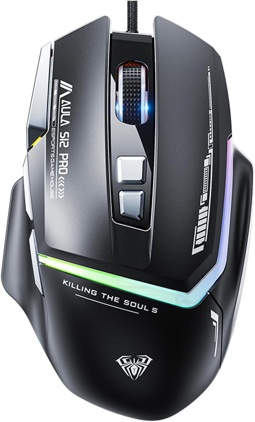 AULA S12Pro Wired Gaming Mouse,12800 DPI Optical Gamer Mouse with RGB Backlit,8 Programmable Buttons,Software Supports DIY Keybinds Rapid Fire Button (Renewed)