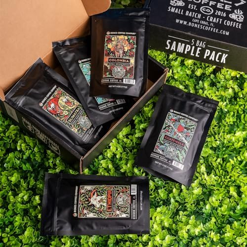 Bones Coffee Company NEW World Tour Sample Pack, Single-Origin Flavored Coffee Low Acid Medium Roast Arabica Beans Specialty Coffee Gifts Compatible Auto Drip and French Press, 4 oz Pack of 5 Ground