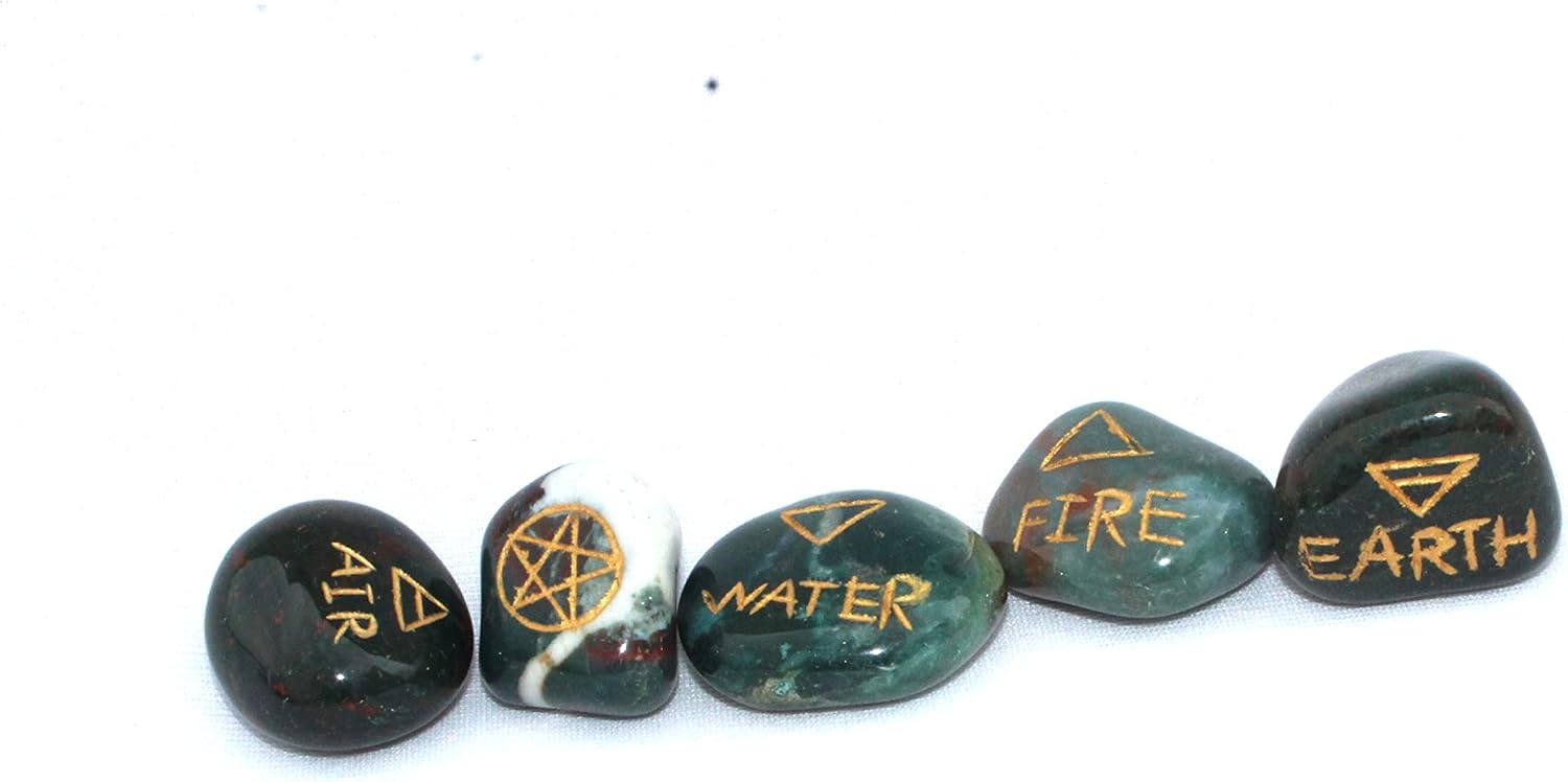 Jet New Bloodstone 5 Element Tumbled Stones Thick Genuine Earth Wiccan Pagan Pouch Gift Air Water Earth Fire Spirit Pentacle Star Spiritual Psychic