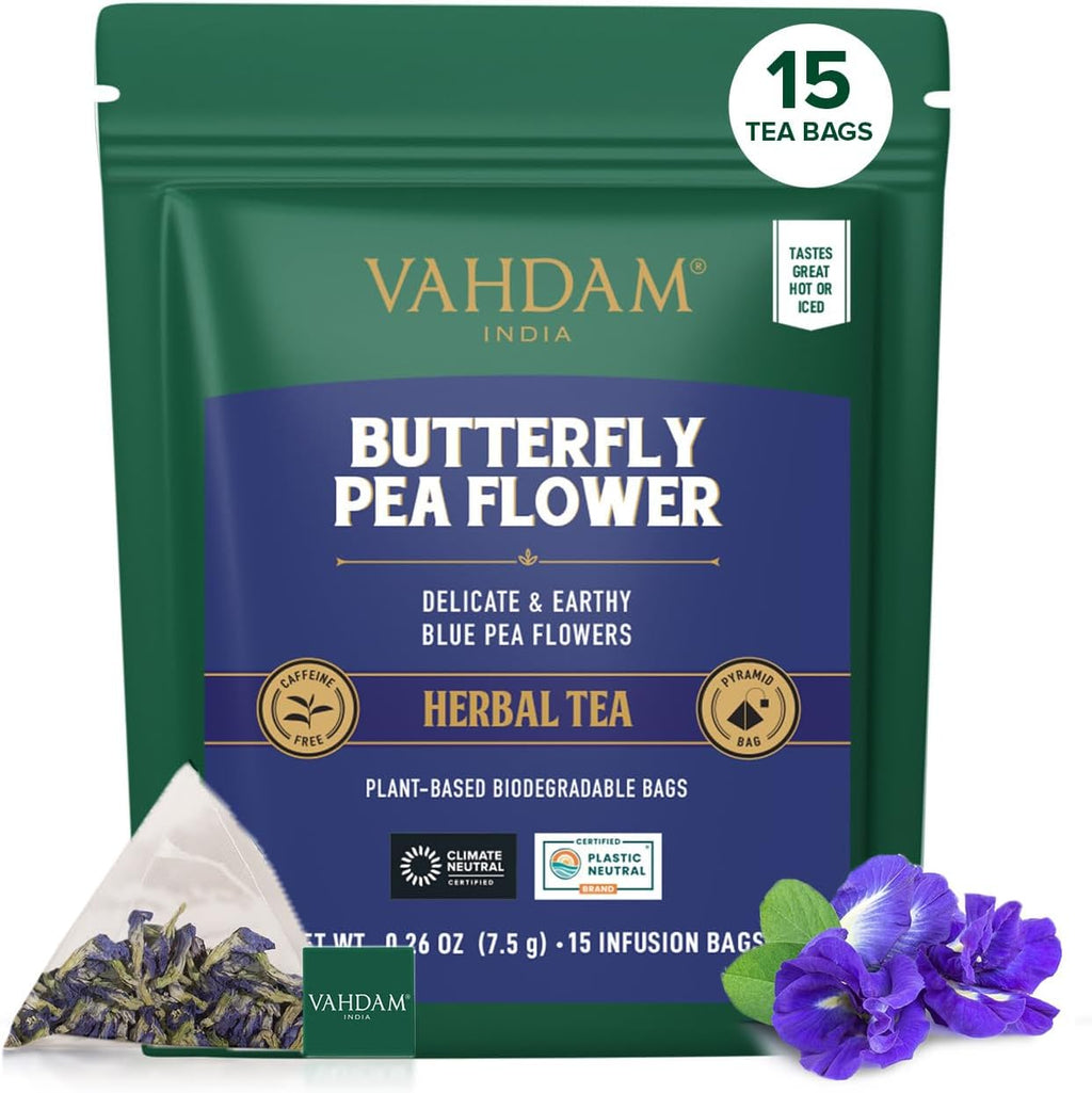 VAHDAM, Butterfly Pea Flower (15 Pyramid Bags) Vegan, Non-GMO | Delicate & Earthy | Direct From Source – Plant-Based Biodegradable | Brew Iced Tea, Cooking, Mocktails & Cocktails