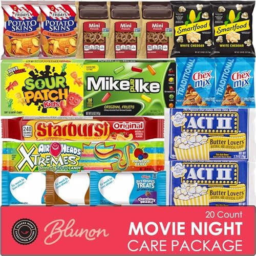 Movie Snacks Box - Movie Night Basket Gift Set - Movie-Night Snack Box for Families and Kids - Gift Basket - Popcorn Movie Night Kit - Popcorn, Candy, Snack Box Assortment (20 Count)