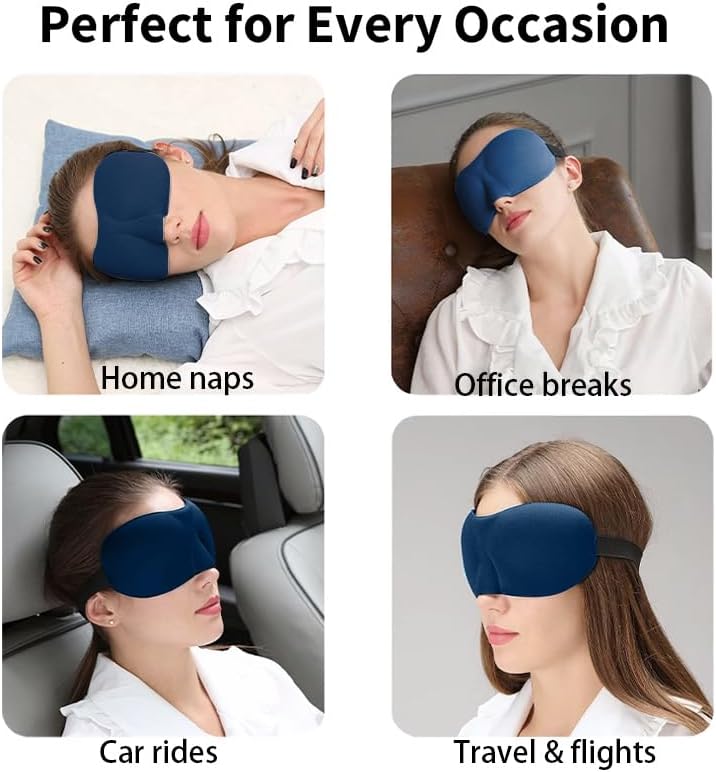 Sleep Mask for Back and Side Sleepers 2 Pack, 3D Light Blocking Eye Mask for Sleeping, Zero Pressure Eye Cover for Women and Men, Lightweight Breathable Night Blindfold Navy Blue